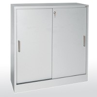 Counter height sliding door storage cabinet